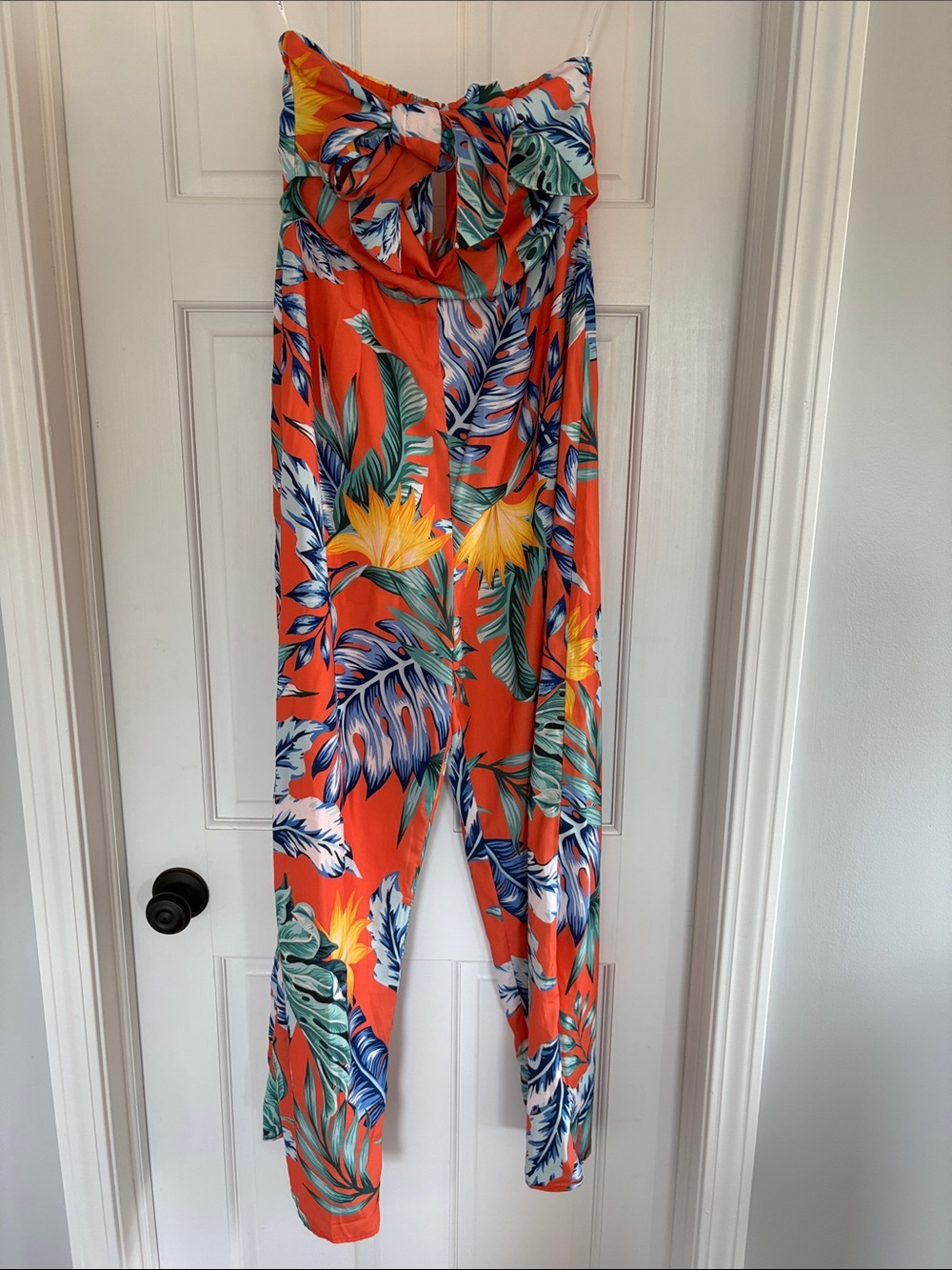 Lulu's Orange Tropical Strapless Jumpsuit with Floral Print
